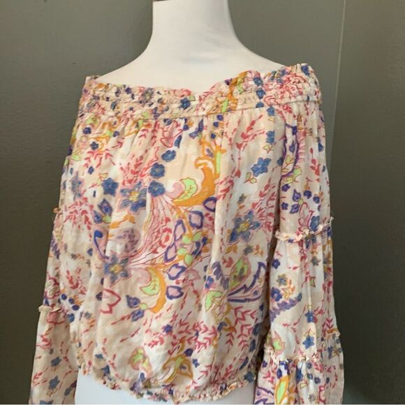 Free People Boho Off Shoulder Bell Sleeve Smocked Floral Blouse - Picture 5 of 14